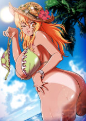 Rule 34 | 1girl, ;p, aida kan mori, ass, bikini, unworn bikini bottom, bottomless, breasts, cleavage, day, exhibitionism, goggles, goggles on head, green bikini, hat, large breasts, long hair, looking at viewer, matching hair/eyes, ocean, one eye closed, orange eyes, orange hair, original, outdoors, public indecency, smile, solo, swimsuit, tan, tanline, tongue, tongue out, wet, wink