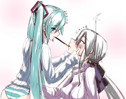 Rule 34 | 2012, 2girls, ahoge, aqua eyes, aqua hair, ass, blush, dangan neko, dated, drill hair, food, hair ribbon, hands on another&#039;s cheeks, hands on another&#039;s face, hatsune miku, long hair, multiple girls, panties, pocky, pocky day, pocky kiss, ponytail, red eyes, ribbed sweater, ribbon, shared food, silver hair, smile, striped clothes, striped panties, sweater, translated, twin drills, twintails, underwear, very long hair, vocaloid, yowane haku, yuri