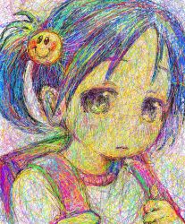 Rule 34 | 1girl, backpack, bag, blue hair, child, clip studio paint (medium), closed mouth, colorful, expressionless, hair ornament, highres, holding strap, looking at viewer, making-of available, marusu (maru marusu), one side up, original, randoseru, shirt, short hair, smiley face, smiley hair ornament, solo, upper body, white shirt