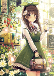 Rule 34 | 1girl, absurdres, animal, bag, belt, bird, black bow, black hairband, black ribbon, blush, book, bow, braid, brown eyes, brown hair, bug, butterfly, butterfly on hand, chick, clock, commentary request, dress, flower, food, fruit, green dress, green ribbon, hair between eyes, hair bow, hair flower, hair ornament, hair ribbon, hairband, hand up, hanging plant, highres, holding, holding bag, huge filesize, insect, long hair, long sleeves, looking at viewer, neck ribbon, original, parted lips, pieris (butterfly), pinafore dress, plaid, plaid ribbon, plant, potted plant, purple flower, rabbit, rainbow, red flower, ribbon, sakura oriko, shelf, shirt, sign, sleeveless dress, solo, standing, strawberry, string of flags, twin braids, wall clock, white flower, white shirt, window, yellow bow