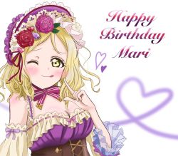 Rule 34 | 1girl, :p, artist name, artist request, bare shoulders, blonde hair, blush, bow, braid, breasts, brown eyes, cleavage, collarbone, crown braid, dress, female focus, flower, flower print, hair rings, heart, looking at viewer, love live!, love live! school idol festival, love live! sunshine!!, maid cap, bowtie, ohara mari, parted lips, pink flower, purple dress, red flower, ritaso, short hair, small breasts, smile, solo, striped, striped bow, tongue, tongue out, white background, yellow eyes