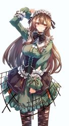 Rule 34 | .live, 1girl, absurdres, arm up, black pantyhose, blush, breasts, brown hair, closed mouth, darjeeling (reley), dress, frilled hairband, frills, green dress, hair between eyes, hairband, highres, large breasts, long hair, long sleeves, pantyhose, red eyes, sleeves past wrists, solo, torn clothes, torn pantyhose, underbust, very long hair, virtual youtuber, wide sleeves, yaezawa natori