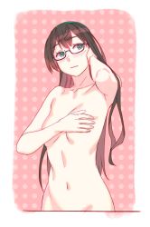 Rule 34 | 1girl, 3:, black hair, blue eyes, breasts, covering privates, covering breasts, glasses, hairband, highres, kantai collection, long hair, navel, nude, ooyodo (kancolle), pink background, polka dot, polka dot background, small breasts, solo, yuuji (and)