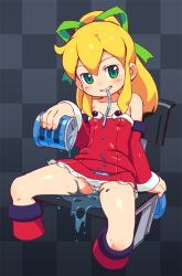 Rule 34 | 1girl, bare shoulders, blonde hair, boots, capcom, chair, cleft of venus, detached sleeves, dress, drinking straw, energy tank, flat chest, green eyes, grin, hair ribbon, knee boots, long hair, naughty face, om (nk2007), panties, petticoat, ponytail, red skirt, ribbon, mega man (series), mega man (classic), roll (mega man), sitting, skirt, smile, solo, spread legs, underwear, upskirt, wet, wet clothes, wet panties, white panties