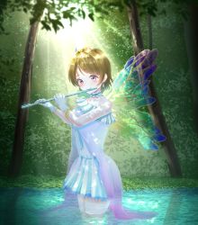 Rule 34 | 1girl, absurdres, artist name, artist request, bare shoulders, blush, breasts, brown hair, butterfly wings, choker, dress, earrings, female focus, flute, forest, gloves, hair between eyes, highres, holding, holding flute, holding instrument, insect wings, instrument, jewelry, koizumi hanayo, love live!, love live! school idol project, nature, ocean, panaham, purple eyes, short hair, sideboob, smile, solo, sparkle, swept bangs, white dress, white gloves, wings, yume no tobira