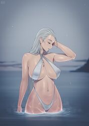 Rule 34 | 1girl, ak-12 (girls&#039; frontline), breasts, closed eyes, criss-cross halter, girls&#039; frontline, grey hair, grey one-piece swimsuit, halterneck, hand up, j adsen, large breasts, long hair, mixed-language commentary, navel, one-piece swimsuit, outdoors, profile, slingshot swimsuit, solo, stomach, straight hair, swimsuit, very long hair, wading, water