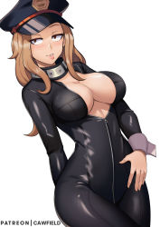 Rule 34 | 1girl, artist name, blonde hair, bodysuit, boku no hero academia, breasts, cawfield, cleavage, curvy, hat, large breasts, lips, long hair, naughty face, shiny clothes, shiny skin, simple background, solo, utsushimi kemii, wide hips