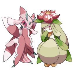 Rule 34 | 2girls, antennae, arm at side, arthropod girl, black eyes, colored sclera, colored skin, creatures (company), crown, female focus, flat chest, flower, free butterfree, full body, furry, furry female, game freak, gen 5 pokemon, gen 7 pokemon, green hair, green skin, hair flower, hair ornament, hand to own mouth, hand up, highres, lilligant, long hair, lurantis, mini crown, monster girl, multicolored skin, multiple girls, nintendo, no mouth, pink skin, plant girl, pokemon, pokemon (creature), red flower, red sclera, sidelocks, simple background, standing, striped skin, two-tone skin, white background, white skin, yellow headwear