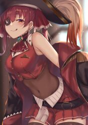 Rule 34 | 1girl, absurdres, ascot, belt, black coat, blurry, blurry background, blush, breasts, brooch, brown eyes, brown thighhighs, coat, covered navel, crop top, epaulettes, eyepatch, hair between eyes, hat, highres, hololive, houshou marine, houshou marine (1st costume), jacket, jewelry, large breasts, leotard, leotard under clothes, long hair, looking at viewer, open clothes, open coat, pirate hat, red ascot, red eyes, red hair, red skirt, see-through, see-through leotard, skirt, sleeveless, solo, thighhighs, tongue, tongue out, twintails, virtual youtuber, yamikyon