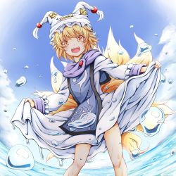 Rule 34 | 1girl, alternate breast size, blue sky, blush, breasts, brooch, clothes lift, cloud, cloudy sky, dress, dress lift, fox tail, frilled dress, frills, full body, happy, hat, highres, jewelry, kitsune, long sleeves, looking at viewer, mob cap, multiple tails, ofuda, open mouth, shoes, short hair, signature, sky, small breasts, smile, solo, tabard, tail, tamasan, tassel, touhou, water drop, white sleeves, wide sleeves, yakumo ran, yellow eyes