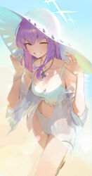 Rule 34 | 1girl, absurdres, atsuko (blue archive), beach, bikini, blue archive, blush, breasts, cleavage, collarbone, halo, hat, highres, jewelry, kji (rozo), long hair, looking at viewer, medium breasts, navel, necklace, purple hair, red eyes, see-through, see-through shirt, smile, solo, swimsuit, white bikini, white hat, white swimsuit