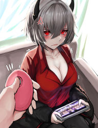Rule 34 | 1girl, absurdres, anger vein, black pantyhose, blush, breasts, cleavage, closed mouth, collarbone, commentary, demon girl, from above, grey hair, hair between eyes, handheld game console, helltaker, highres, holding, holding handheld game console, horns, indoors, kb-5, large breasts, long sleeves, looking at viewer, malina (helltaker), off-shoulder jacket, off shoulder, pantyhose, red eyes, sex toy, short hair, sitting, solo focus, trembling, vibrator, wavy mouth