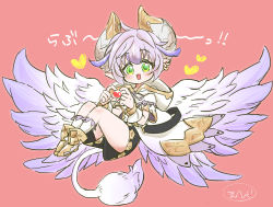 Rule 34 | 1boy, :3, blush, cupid (dragalia lost), dragalia lost, dragon boy, ebi (hachikunperoi), full body, green eyes, heart, heart hands, horns, looking at viewer, male focus, multicolored hair, pink background, purple hair, shorts, silver hair, simple background, solo, tail, wings