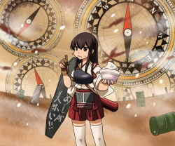 Rule 34 | 1girl, akagi (kancolle), bowl, chopsticks, clearfile, compass, drum (container), eating, fate/stay night, fate (series), flight deck, hakama, hakama skirt, holding, japanese clothes, kantai collection, long hair, looking at viewer, muneate, parody, pleated skirt, red hakama, rice, rice bowl, skirt, solo, thighhighs, translation request, unlimited blade works (fate), white thighhighs, zettai ryouiki