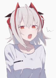 Rule 34 | 1girl, absurdres, ahoge, arknights, breasts, character name, collarbone, demon horns, fang, grey hair, grey shirt, haramaki (haranomaki), highres, horns, long sleeves, looking at viewer, medium breasts, open mouth, shirt, short hair, simple background, skin fang, solo, upper body, w (arknights), white background