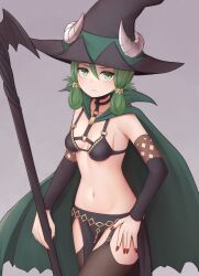 Rule 34 | 1girl, absurdres, atorie, black hat, black thighhighs, blush, breasts, cape, cleavage, closed mouth, commentary request, fake horns, garter straps, green cape, green eyes, green hair, grey background, hat, highres, holding, holding scepter, horned headwear, horns, looking at viewer, medium hair, nail polish, navel, o-ring, pelvic curtain, red nails, scepter, simple background, small breasts, solo, standing, thighhighs, unicorn overlord, witch hat, yahna (unicorn overlord)