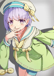 1girl absurdres aqua_shorts beret blush breasts fate/grand_order fate_(series) green_kimono hair_ribbon hat highres japanese_clothes kazuradrop_(fate) kimono kimono_dress long_sleeves looking_at_viewer peisuto purple_eyes purple_hair ribbon short_hair shorts small_breasts smile solo tassel thighs white_hat wide_sleeves yellow_ribbon