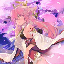 Rule 34 | 1girl, breasts, cherry blossoms, commentary, cwilocky, detached sleeves, genshin impact, hair ornament, japanese clothes, light smile, lips, looking at viewer, medium breasts, miko, petals, pink eyes, pink hair, priestess, solo, twitter username, wide sleeves, yae miko