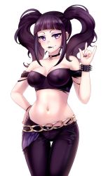 Rule 34 | 1girl, bare shoulders, belly chain, blush, bracelet, breasts, choker, cleavage, commentary, ear piercing, goth fashion, gothic, hand on own hip, hunie (series), huniepop 2, jewelry, leather, leather pants, lillian aurawell, lipstick, long hair, looking at viewer, makeup, medium breasts, midriff, navel, ninamo, nose piercing, pants, piercing, purple eyes, purple hair, smile, solo, spiked bracelet, spikes, thigh gap, torn clothes, twintails