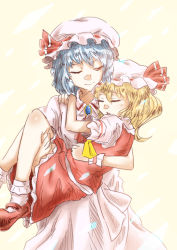 Rule 34 | 2girls, ankle socks, ascot, bad id, bad pixiv id, blonde hair, blue hair, brooch, carrying, closed eyes, flandre scarlet, gradient background, hand on another&#039;s shoulder, hat, hat ribbon, jewelry, looking at another, mary janes, mitsu (mitu ll), mob cap, multiple girls, no wings, one eye closed, princess carry, puffy short sleeves, puffy sleeves, red eyes, remilia scarlet, ribbon, shoes, short sleeves, siblings, side ponytail, simple background, sisters, skirt, skirt set, smile, socks, touhou, wrist cuffs