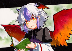 Rule 34 | 1girl, bad id, bad pixiv id, bird wings, blue hair, book, dot nose, eyes visible through hair, feathered wings, hair between eyes, head wings, holding, holding book, horns, juliet sleeves, light blush, long sleeves, looking at viewer, multicolored hair, open book, open mouth, outline, pointy ears, puffy sleeves, purple hair, qqqrinkappp, red eyes, red wings, short hair, sidelocks, single head wing, solo, tokiko (touhou), touhou, traditional media, two-tone hair, upper body, white hair, wings