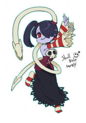 Rule 34 | 1girl, arms up, colored skin, coula cat, detached collar, detached sleeves, dress, hair over one eye, highres, looking at viewer, outline, purple hair, purple skin, red eyes, side ponytail, skeletal arm, skullgirls, smile, socks, solo, squigly (skullgirls), stitched mouth, stitches, striped clothes, striped socks, white background, wide sleeves, zombie