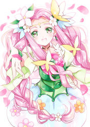 Rule 34 | 1girl, :d, ayumaru (art of life), bad id, bad pixiv id, braid, bubble skirt, colored eyelashes, cure felice, earrings, flower, flower in eye, green eyes, hair flower, hair ornament, hanami kotoha, highres, jewelry, long hair, looking at viewer, magical girl, mahou girls precure!, mismatched eyelashes, open mouth, outstretched hand, petals, pink hair, precure, simple background, skirt, smile, solo, symbol in eye, twin braids, white background, white skirt