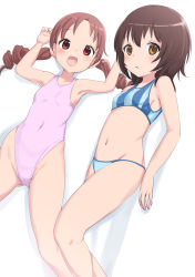 Rule 34 | 2girls, armpits, arms at sides, arms up, bikini, blue bikini, blush, breasts, brown eyes, brown hair, child, collarbone, covered navel, dot nose, drill hair, feet out of frame, female focus, from side, frown, gluteal fold, gochuumon wa usagi desu ka?, highleg, highleg swimsuit, highres, jouga maya, long hair, looking at viewer, looking to the side, lying, micro bikini, midriff, multiple girls, natsu megumi, navel, on back, one-piece swimsuit, open mouth, orange eyes, pink one-piece swimsuit, print bikini, print bikini top, print swimsuit, red eyes, refalice, shadow, short hair, simple background, small breasts, string bikini, striped bikini, striped clothes, swimsuit, twin drills, twintails, vertical-striped bikini, vertical-striped bikini top, vertical-striped clothes, white background