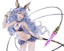 Rule 34 | 10s, 1girl, :d, animal ears, arm up, bare shoulders, bikini, blue hair, bracelet, breasts, brown eyes, choker, cowboy shot, earrings, erune, ferry (granblue fantasy), gluteal fold, granblue fantasy, jewelry, leaning forward, long hair, navel, open mouth, redjuice, simple background, small breasts, smile, solo, swimsuit, whip, white background