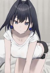 Rule 34 | 1girl, all fours, alternate costume, bare legs, barefoot, black hair, black shorts, blue eyes, bow, bow earrings, breasts, casual, commentary, curtains, dolphin shorts, earrings, feet out of frame, hair intakes, highres, hololive, hololive english, indoors, jewelry, looking at viewer, medium breasts, medium hair, midriff, on bed, ouro kronii, parted lips, shirt, short shorts, short sleeves, shorts, solo, sweat, syhan, t-shirt, virtual youtuber, white shirt