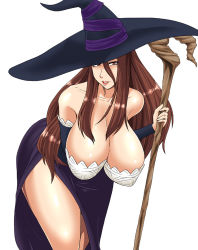 Rule 34 | 1girl, breasts, cleavage, dragon&#039;s crown, hanging breasts, hat, huge breasts, ml, solo, sorceress (dragon&#039;s crown), staff, weapon, witch hat
