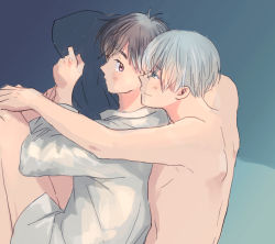 Rule 34 | 2boys, arms around neck, backlighting, bad id, bad pixiv id, bare legs, black hair, blue eyes, brown eyes, closed mouth, collared shirt, dress shirt, expressionless, facing away, from above, from side, grey hair, half-closed eyes, happy, hug, hug from behind, ima (minitomato123), katsuki yuuri, knees to chest, legs together, light blush, light smile, looking at another, looking back, lying, male focus, multiple boys, nape, no pants, hugging object, on side, pillow, pillow hug, profile, ribs, shirt, shoulder blades, topless male, viktor nikiforov, white shirt, yaoi, yuri!!! on ice