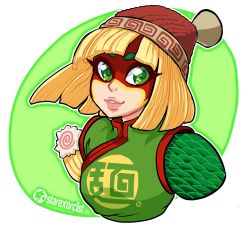 Rule 34 | 1girl, arms (game), artist name, ashley ann swaby, beanie, blonde hair, chinese clothes, facepaint, green eyes, hat, lips, min min (arms), nose, parted lips, portrait, profile, short hair, signature, smile, solo, transparent background