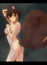 Rule 34 | 1girl, animal ears, antenna hair, ass, blazblue, blazblue: continuum shift, breasts, brown eyes, brown hair, completely nude, flat ass, makoto nanaya, murata isshin, nude, revision, short hair, solo, squirrel ears, squirrel tail, tail, towel, wet