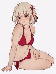 Rule 34 | 1girl, :p, arm support, bare legs, bare shoulders, bikini, blonde hair, blush, breasts, cleavage, collarbone, hair ribbon, highres, large breasts, lycoris recoil, navel, nishikigi chisato, red bikini, red eyes, ribbon, short hair, side-tie bikini bottom, simple background, sitting, smile, sooon, stomach, swimsuit, tongue, tongue out, white background