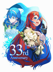 Rule 34 | 1boy, 1girl, alear (female) (fire emblem), alear (fire emblem), anniversary, blue cape, blue hair, bouquet, cape, circlet, crossed bangs, fire emblem, fire emblem engage, flower, heterochromia, highres, holding, holding bouquet, jewelry, long hair, marth (fire emblem), multicolored hair, nakabayashi zun, nintendo, open hand, open mouth, red eyes, red hair, ring, split-color hair, teeth, upper body, upper teeth only, very long hair, white background