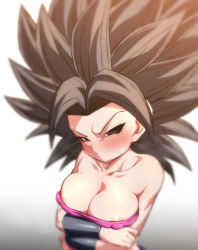 Rule 34 | 1girl, areola slip, arms under breasts, big hair, black eyes, black hair, breasts, caulifla, cleavage, collarbone, covered erect nipples, dragon ball, dragon ball super, half-closed eyes, pink tube top, rom (20), solo, spiked hair, strapless, sweat, tube top, upper body