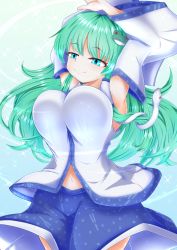 Rule 34 | 1girl, aqua eyes, armpits, arms up, blouse, blue skirt, bouncing breasts, breasts, closed mouth, commentary request, cowboy shot, detached sleeves, dollyspica, frog hair ornament, green background, green hair, hair ornament, kochiya sanae, large breasts, long hair, navel, shirt, skirt, sleeveless, sleeveless shirt, smile, snake hair ornament, sparkle, touhou, underboob, white shirt, wide sleeves