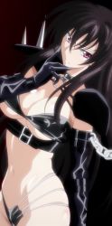 Rule 34 | 10s, 1girl, black hair, breasts, cleavage, female focus, high school dxd, highres, large breasts, long hair, midriff, purple eyes, raynare, smile, solo, standing, stitched, third-party edit, underboob