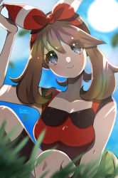 Rule 34 | 1girl, absurdres, bow, bow hairband, breasts, brown hair, creatures (company), crop top, game freak, hair between eyes, hairband, highres, holding strap, kurumiya (krmy p), may (pokemon), nintendo, on ground, pectorals, pokemon, pokemon oras, red bow, red tank top, short hair, sidelocks, sidepec, sitting, solo, tank top