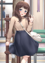 Rule 34 | 1girl, absurdres, bag, bench, black skirt, blue eyes, brown hair, brown sweater, commentary request, highres, long skirt, looking at viewer, nedia (nedia region), original, railing, short hair, skirt, solo, standing, standing on one leg, sweater, tree, waving