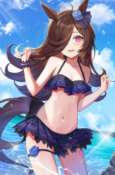 Rule 34 | 1girl, :d, animal ears, bare shoulders, bikini, black hairband, black nails, blue bikini, blue flower, blue rose, blue sky, blush, breasts, brown hair, cleavage, cloud, collarbone, day, flower, hair over one eye, hairband, highres, horse ears, horse girl, horse tail, long hair, looking at viewer, nail polish, navel, ohihil, open mouth, outdoors, purple eyes, rice shower (umamusume), rose, skindentation, sky, small breasts, smile, solo, standing, swimsuit, tail, thigh strap, umamusume, water