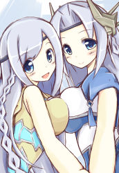 Rule 34 | 2girls, blue eyes, blush, braid, breast press, breasts, dress, duel monster, headband, large breasts, long hair, looking at viewer, maiden with eyes of blue, multiple girls, nanashino (nanasino101), priestess with eyes of blue, smile, symmetrical docking, very long hair, white hair, yu-gi-oh!, yu-gi-oh! duel monsters