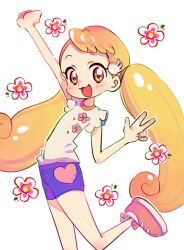 Rule 34 | 1girl, :3, :d, arm up, blonde hair, floral print, flower, foot out of frame, highres, long hair, looking at viewer, makihatayama hana, ojamajo doremi, open mouth, orange eyes, pink flower, print shirt, purple shorts, q yan31, red footwear, shirt, shoes, short sleeves, shorts, simple background, smile, solo, standing, standing on one leg, t-shirt, twintails, very long hair, w, white background, white shirt, wing hair ornament