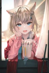 Rule 34 | 1girl, :d, animal ears, blue eyes, blue necktie, blurry, blurry background, blush, breasts, cat ears, clenched hand, collared shirt, commentary, crossed bangs, cup, curtains, day, fang, hair ornament, hairclip, highres, holding, holding cup, light brown hair, long sleeves, medium breasts, necktie, open collar, open mouth, original, outdoors, pink sweater, ruda (ruda e), school uniform, shirt, short hair, smile, solo, sunlight, sweater, symbol-only commentary, uniform, upper body, white shirt