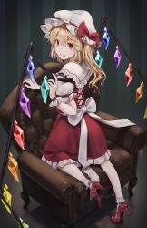 Rule 34 | 1girl, blonde hair, bobby socks, bow, commentary request, couch, crystal, flandre scarlet, frilled shirt collar, frills, from above, from behind, full body, gradient background, grey background, grin, hair between eyes, hand up, hat, hat bow, high heels, highres, long hair, looking at viewer, looking back, mob cap, one side up, petticoat, puffy short sleeves, puffy sleeves, red bow, red eyes, red footwear, red skirt, red vest, reflection, sash, short sleeves, skirt, smile, socks, solo, striped, striped background, torinari (dtvisu), touhou, vertical stripes, vest, white hat, white sash, white socks, wings, wrist cuffs