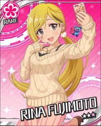 Rule 34 | 1girl, artist request, blonde hair, card (medium), character name, earrings, flower (symbol), fujimoto rina, grey eyes, idolmaster, idolmaster cinderella girls, jewelry, nail polish, necklace, official art, pink background, solo, sparkle