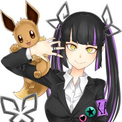 Rule 34 | 1girl, nanashi inc., alternate costume, black hair, black jacket, blunt bangs, breasts, closed mouth, collared shirt, commentary request, creatures (company), demon girl, demon horns, demon tail, eevee, engacyo (engacyo39800yen), game freak, gen 1 pokemon, horns, jacket, jewelry, kojo anna, long hair, long sleeves, looking at viewer, medium breasts, multicolored hair, nintendo, pointy ears, pokemon, pokemon (creature), purple hair, ring, shirt, simple background, smile, sugar lyric, tail, transparent background, twintails, two-tone hair, upper body, virtual youtuber, white shirt, yellow eyes