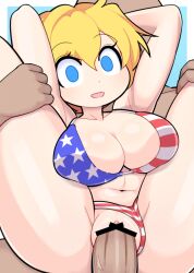 Rule 34 | 1boy, 1girl, alice margatroid, american flag bikini, american flag print, arms up, bar censor, bikini, bikini bottom aside, blonde hair, blue background, blue eyes, breasts, censored, clothing aside, commentary, cookie (touhou), feet out of frame, flag print, gradient background, hair between eyes, hetero, hospital king, large breasts, looking at viewer, medium bangs, navel, open mouth, penis, print bikini, pussy, reverse suspended congress, sex, sex from behind, short hair, smile, solo focus, star (symbol), star print, striped bikini, striped clothes, swimsuit, textless version, thigh grab, touhou, vaginal, web (cookie), white background