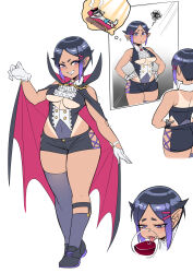 Rule 34 | 1girl, absurdres, asymmetrical legwear, bare shoulders, black hair, blue eyes, blue hair, breasts, cape, clothing cutout, collar, commentary, covered navel, cross-laced clothes, cross-laced legwear, cup, curvy, drinking, drinking glass, fangs, frilled collar, frills, full body, gloves, hair ornament, hairclip, halloween, hands on own hips, highres, imagining, legwear garter, leotard, medium breasts, mirror, multicolored hair, multiple views, mystical high collar, original, pointy ears, reflection, ryuusei&#039;s 3x-yo girl, ryuusei (mark ii), shoes, short hair, short shorts, shorts, smile, squiggle, sweatdrop, tan, tanline, thick thighs, thighhighs, thighs, tongue, tongue out, two-tone hair, underboob, underboob cutout, vampire, vampire costume, white gloves, wide hips, wine glass